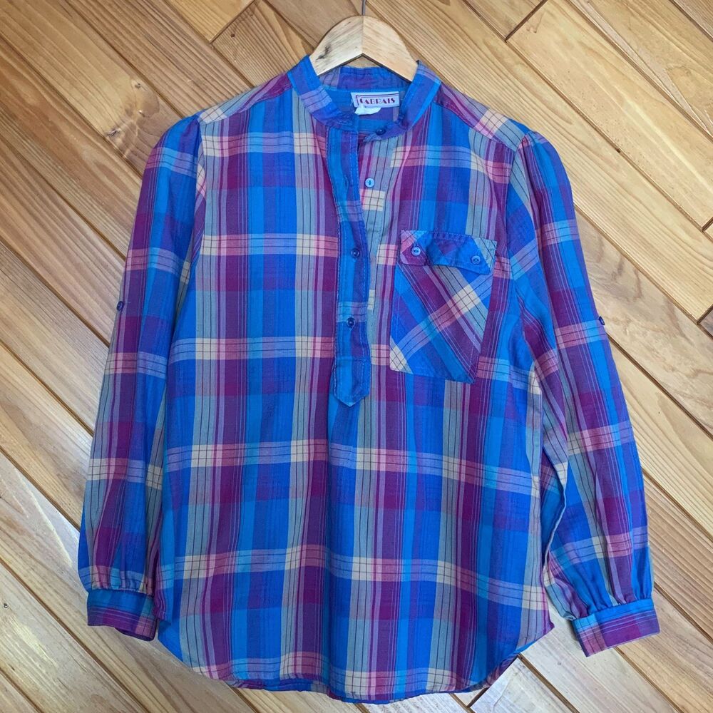 Vintage 80s Plaid Tab Sleeve Henley